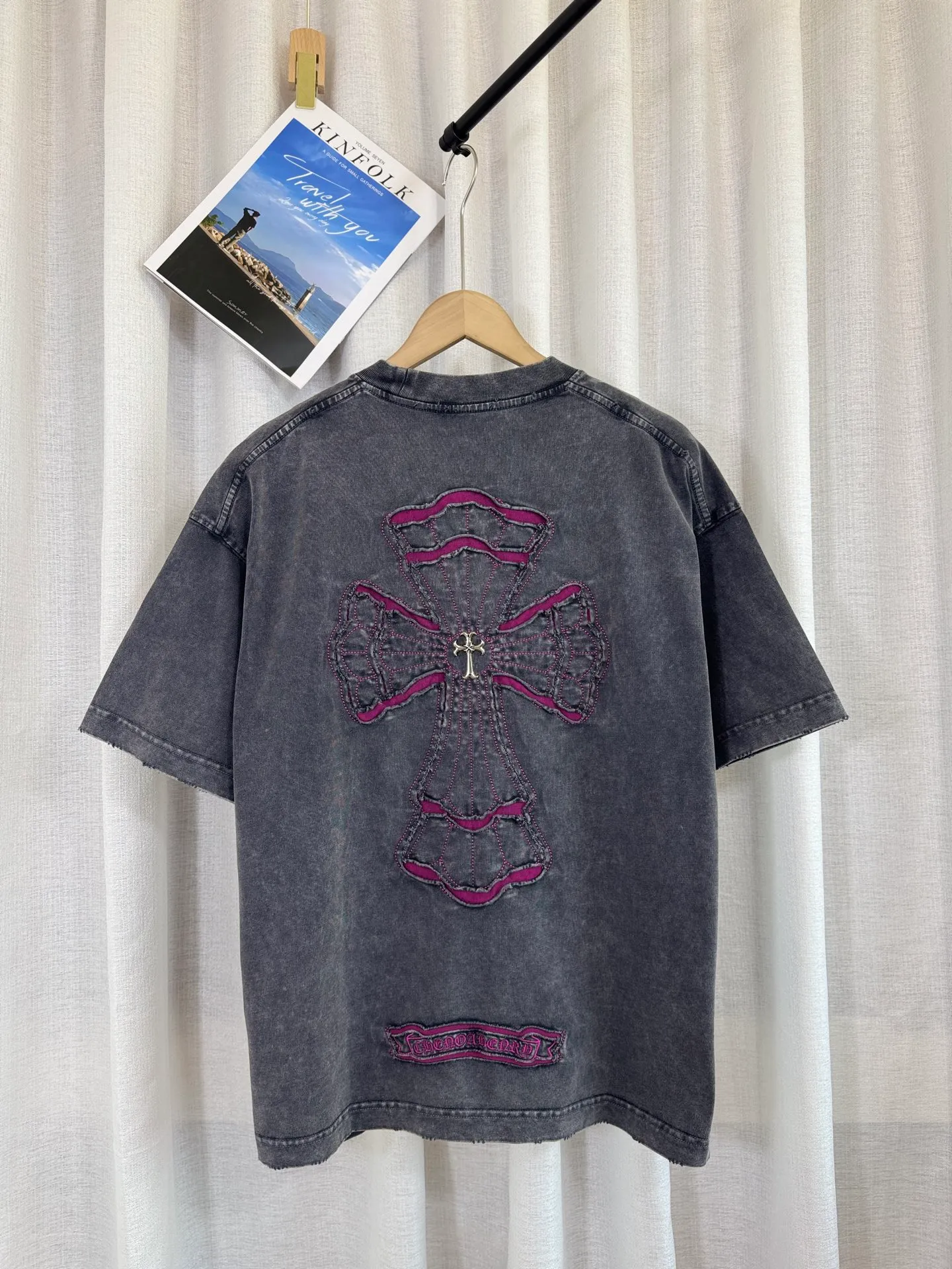P230 ch high version Chrome Hearts 2025 spring and summer new cross patch washed short-sleeved T-shirt, fabric: 26 double yarns, 320 grams weight, cross patch embroidery, heavy washing Printing process: patch embroidery Color: blue gray Size: S M L XL Style number: 5163